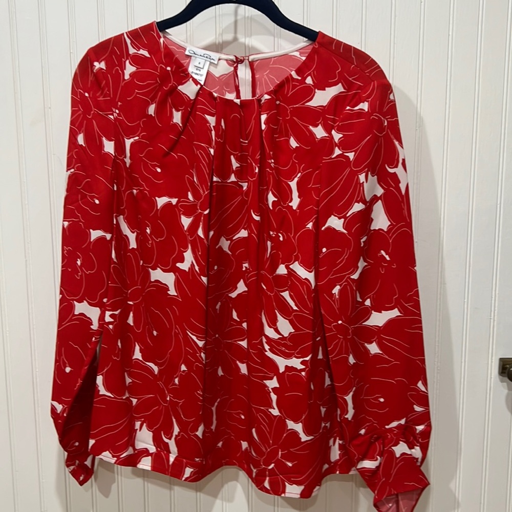 Oscar de la Renta red and white silk floral printed blouse